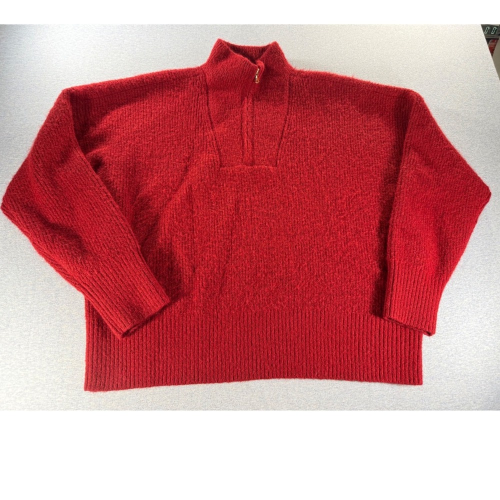 Lands End Womens XL Red Quarter Zip Textured Knit Mock Neck Pullover Sweater